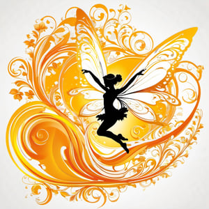 vector Silhouette illustration art, a pixie fairy dancing in air,  liquid ink, [white : yellow: orange ] , calligraphic, arabesque, modern Minimalist painting, 2D,  glossy, intricate, highly detailed, high contrast, vibrant , 32K,  centered, bright, clear, sharp, ethereal, ultra hd, Sparkling, denoise,  pixabay , digital illustration, rococo, feminin