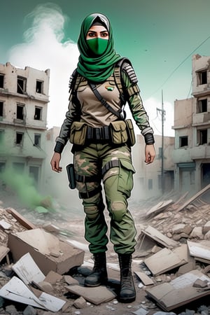 A full body portrait  drawing of a female Palestinian superhero wearing Keffiyeh ,  face covered, green camouflage tactical suite , standing among rubbles , centered,  perspective,Leonardo style ,stalker