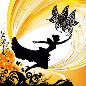 vector Silhouette illustration art, a pixie fairy flashing  through air,  liquid ink, [white : yellow: orange : black] , calligraphic, arabesque, modern Minimalist painting, 2D,  glossy, highly detailed, high contrast, vibrant , 32K,  centered, bright, clear, sharp, ethereal, ultra hd, Sparkling, denoise, digital art by Jan Tengnagel, pixabay contest winner, neo-romanticism, digital illustration, rococo, feminin
