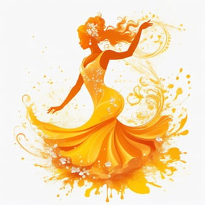 vector Silhouette illustration art, a beautiful female dancer  , splashing  , liquid ink, [white : yellow: orange] , calligraphic, arabesque, modern Minimalist painting, 2D,  glossy, intricate, highly detailed, high contrast, vibrant , 32K,  centered, bright, clear, sharp, ethereal, ultra hd, Sparkling, denoise,  pixabay ,  digital illustration, rococo, feminin