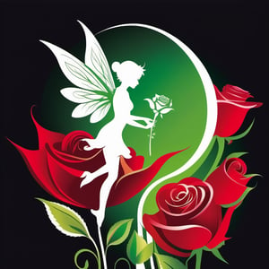 A 2D Minimalist illustration, vector art, a white Silhouette of an ethereal pixie fairy sprouting  out a rose, volumitric green shades and vivid red tones , ink,  calligraphic, glossy, highly detailed, high contrast, vibrant , 32K,  centered, bright, clear, sharp, feminin