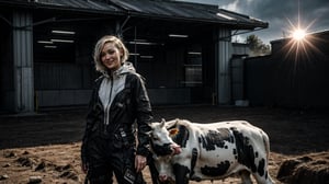 (((bright morning sun))), ((portrait shot of a smiling woman Pom Klementieff)), ((standing near a white cow animal)), in the style of futuristic digital photo, prismatic intelligence, speed of light, cyberpunk makeup by Conor Harrington, by Brian Oldham, dynamic pose, cinematic, extreme artistic, (vintage_sci-fi farm area background), digital purgatory, shattered in motion, techwear fashion, energetic expressionism, Niji Kei,urban techwear,photorealistic,vintage_sci-fi