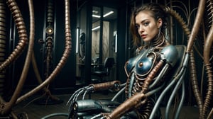 RAW, cinematic, masterpiece, photography, photorealistic, ultra quality, ultra detailed, detaied face, 8k, UHD, movie scene, (full body), (((Cinematic biopunk happy woman in black dress sits in a chair in a beauty salon, makeup is applied to her))), (((biopunk, chrometech, humanoid hybrid, post human, rotten flesh, mechanical parts))), ((post-apocalyptic showroom background)),BiopunkAI