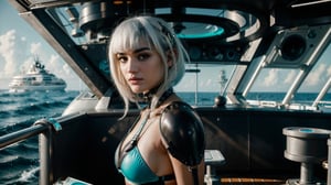 close-up shot of 1 C7b3rp0nkStyle smiling Sofia Boutella, white hair, cyberpunk swimsuit, sitting on the futuristic yacht, (morning dystopian ocean background), (Vintage Sci-fi), (determined expression:1.3), outdoor, dystopian futuristic era, realistic, ambient light, cinematic composition, wide-angle lens, best quality, masterpiece,Vintage Sci-fi,C7b3rp0nkStyle:1