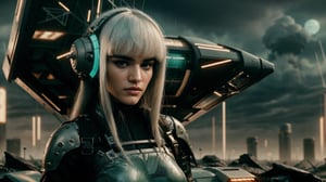 medium shot of 1 C7b3rp0nkStyle Sofia Boutella, long white hair, cyberpunk armor, stands next to a futuristic military helicopter, (morning dystopian cyberpunk abandoned green nature zone background), (Vintage Sci-fi), (determined expression:1.3), outdoor, dystopian futuristic era, realistic, ambient light, cinematic composition, wide-angle lens, best quality, masterpiece,Vintage Sci-fi,C7b3rp0nkStyle:1