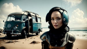 close-up shot of 1 C7b3rp0nkStyle actress Pom Klementieff, cyberpunk armor, sitting near a vintage Volkswagen minibus, (morning dystopian abandoned beach background), (futuristic vehicle), (Vintage Sci-fi), (determined expression:1.3), outdoor, dystopian futuristic era, realistic, ambient light, cinematic composition, wide-angle lens, best quality, masterpiece,Vintage Sci-fi,C7b3rp0nkStyle:1