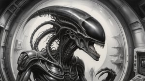 H.R. Giger alien xenomorph at space station room, art by Stephen Gammell, BW ink pen sketch, ultra detailed, ultra realistic, 8K, photographic, masterpiece