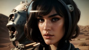 close-up shot of 1 beautiful Sofia Boutella, short dark hair, cyberpunk rags, standing at the rusty steampunk car, (morning dystopian desert background), ("mad max" movie theme), (Vintage Sci-fi), (determined expression:1.3), outdoor, dystopian futuristic era, realistic, ambient light, cinematic composition, wide-angle lens, best quality, masterpiece,Vintage Sci-fi,C7b3rp0nkStyle:1