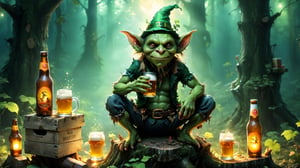 (((a creepy goblin, a kikimora creature with leprechaun are sitting on a huge stump))), ((in front of them are boxes of beer and bottles of strong alcohol)), (creepy dark night forest background), horror, amazing details, volumetric light, ambience, cinematic, ultra high quality HD