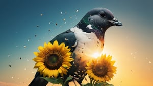 (((double exposure style))), high quality, 8K Ultra HD, ((double exposure)), pigeon silhouette and sunflower seeds, minimalist, crisp lines, awesome full color