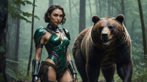 (((full body smiling combat cyberpunk android Gal Gadot in dark green cybernetic summer armor wear stands with huge Grizzly bear animal))), ((Grizzly bear animal)), (((forest tropical nature location background))), horror movie scene, best quality, masterpiece, (photorealistic:1.4), 8k uhd, dslr, masterpiece photoshoot, (in the style of Hans Heysen and Carne Griffiths),shot on Canon EOS 5D Mark IV DSLR, 85mm lens, long exposure time, f/8, ISO 100, shutter speed 1/125, award winning photograph, facing camera, perfect contrast,hubg_mecha_girl,cyberpunk style