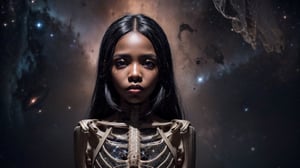 ((portrait photo)), (((beautiful black skin african daughter of space flying among the cosmos))), fire in her eyes, (((translucent black skin made of stars showing parts of her skeleton))), completely white long hair, cinema 4k, cinematic, ethereal, magical, cosmic, full body, high resolution, flying, sad face, no clothes, dynamic pose, covered of stars, realistic skeleton parts