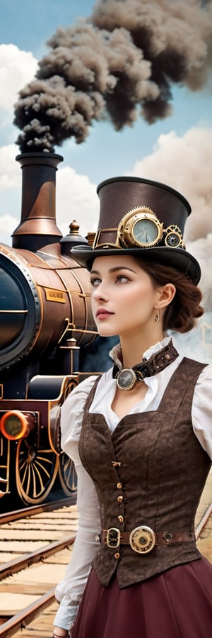 Steampunk, train , train station, smoke , airship in sky , woman ,