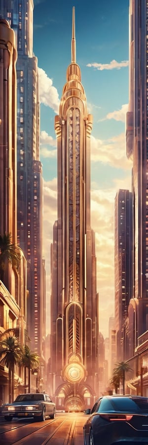 Design a digital artwork that fuses futuristic elements with the Art Deco style of the 1920s. Imagine a futuristic metropolis with grand Art Deco buildings and elegant flying vehicles, all in metallic colors to create a spectacular effect, photo realistic, fantasy