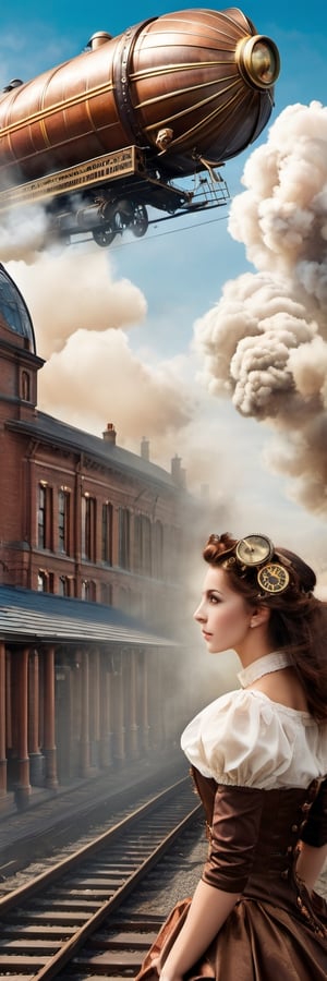 Steampunk, train , train station, smoke , airship in sky , woman ,