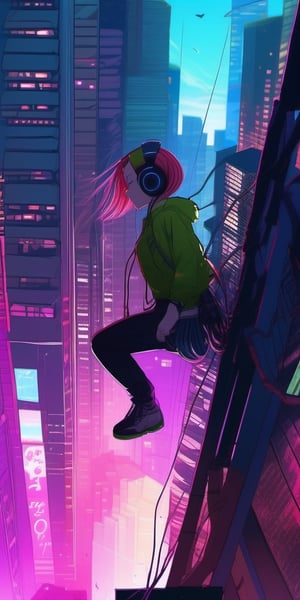 Masterpiece, headphones, loud music, neon, cyberpunk, anime, image shake, wind, falling off of building, freefall