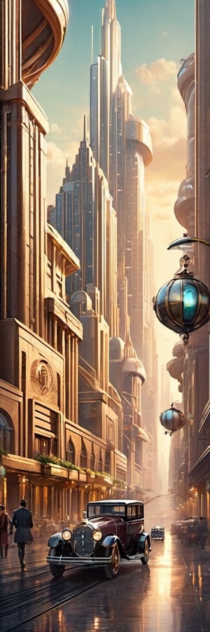 Design a digital artwork that fuses futuristic elements with the Art Deco style of the 1920s. Imagine a futuristic metropolis with grand Art Deco buildings and elegant flying vehicles, all in metallic colors to create a spectacular effect, photo realistic, fantasy