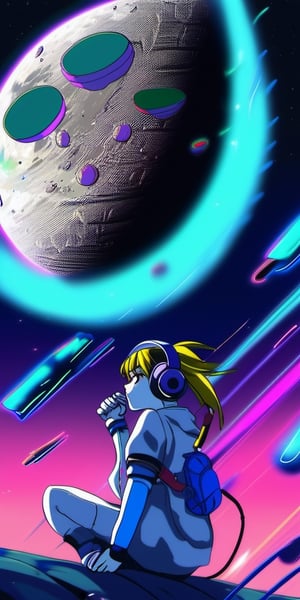 Masterpiece, headphones, loud music, neon, space, anime, image shake, wind, falling off of moon, freefall