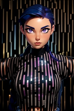 (hyperealistic detailed face:1.2), (looking at viewer:1.2), (frontal view), centered, upper body, award winning frontal photography, masterpiece, | (arms behind back), (beautiful detailed eyes:1.2), braided hairstyle, (blue hair color), (light purple eyes), (red tube top), midriff, navel, lowleg jeans, | sunset, bokeh, depth of field, | urban, street, City, | starry sky, vaporwave color scheme, (saturated colors:1.2), ,3DMM