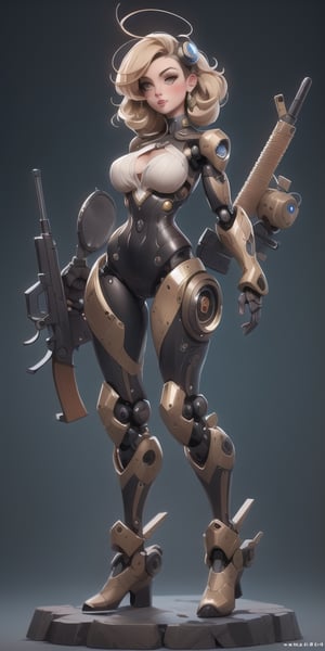 Splash art, 1890s pinup style. A complete body form of a stunningly beautiful, Steampunk-style humanoid robot, a radio antenna attached to her head, armed with a rifle. Masterpiece, Best Quality, detailed, realistic.