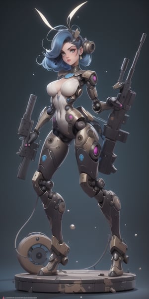 Splash art, 1890s pinup style. A complete body form of a stunningly beautiful, Steampunk-style humanoid robot, a radio antenna attached to her head, armed with a rifle. Masterpiece, Best Quality, detailed, realistic.