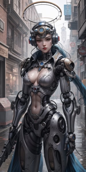 Splash art, 1890s pinup style. A complete body form of a stunningly beautiful, Steampunk-style humanoid robot, a radio antenna attached to her head, armed with a rifle. Masterpiece, Best Quality, detailed, realistic.