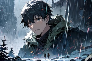 Father and son, son only, cold and sad atmosphere, decrepit background, image from afar, crying, winter, rain