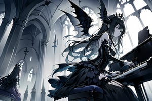 Anime style, a large winged vampire queen, sad, face perfect ultra detailed,  playing the piano, perfect and detailed face, finely complete armor, sitting, background inside a depressing church,