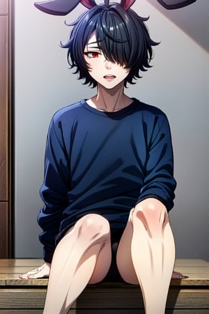 1boy rabbit boy, eyes of two colors, (((1eye red and the other 1eye blue))), black hair, dark blue sweatshirt,rabbit ears,doomerboy