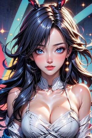 best quality, masterpiece, illustration, 1 girl, alone, dark blue sweatshirt, bunny ear, dark blue hair, sparkling eyes, floating_hair, cute outfit, High detailed , blushing, (two eyes different colors (sparkling one eye blue and eye the other red)), one eye blue, one eyes red, very_high_resolution,High detailed ,Color magic, sparkling daydream, facing_viewer, sparkling water, edgSDress, magical sceptre, dazzling magic effect, perfect eyes,redeyes,Realistic Blue Eyes,Eyes,Colors,wet skin,shiny skin,oiled skin