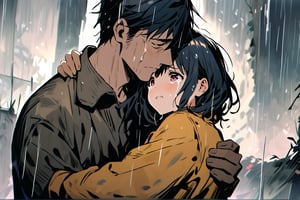 Father and daughter, hug, cold and sad atmosphere, decrepit background, image from afar, crying, rain