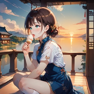 score_9, score_8_up, score_7_up, masterpiece,1girl,young,brunette,High-class cheongsam,long_hair,stockings,Graceful,luxurious,On the balcony of a Japanese-style house,sunset, gentle light,8K,uncensored,licking ice cream,shy,china dress,close_up,Erotic expressions,sexy_pose,jyojifuku,side_view,skirt,censored,(Text:1.4)