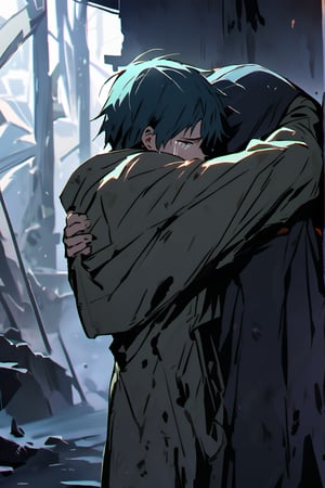 Father and son, hug, cold and sad atmosphere, decrepit background, image from afar, crying