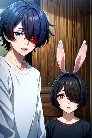 1boy rabbit boy, eyes of two colors, (((1eye red and the other 1eye blue))), black hair, dark blue sweatshirt,rabbit ears,doomerboy