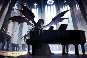 Anime style, a large winged vampire queen, sad, playing the piano, perfect and detailed face, finely complete armor, sitting, background inside a depressing church,