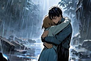 Father and daughter, hug, cold and sad atmosphere, decrepit background, image from afar, crying, rain