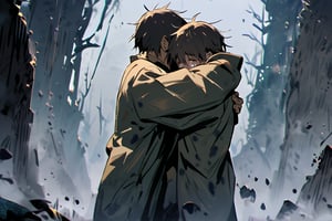 Father and son, hug, cold and sad atmosphere, decrepit background, image from afar, crying