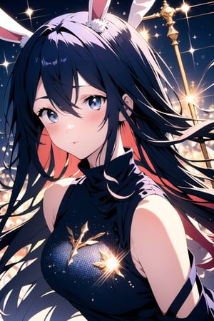 best quality, masterpiece, illustration, 1 girl, alone, dark blue sweatshirt, bunny ear, dark blue hair, sparkling eyes, floating_hair, cute outfit, High detailed , blushing, (two eyes different colors (sparkling one eye blue and eye the other red)), one eye blue, one eyes red, very_high_resolution,High detailed ,Color magic, sparkling daydream, facing_viewer, sparkling water, edgSDress, magical sceptre, dazzling magic effect, perfect eyes