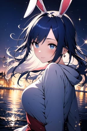 best quality, masterpiece, illustration, 1 girl, alone, dark blue sweatshirt, bunny ear, dark blue hair, sparkling eyes, floating_hair, cute outfit, High detailed , blushing, (two eyes different colors (sparkling one eye blue and eye the other red)), very_high_resolution,High detailed ,Color magic, sparkling daydream, facing_viewer, sparkling water, edgSDress, magical sceptre, dazzling magic effect, perfect eyes