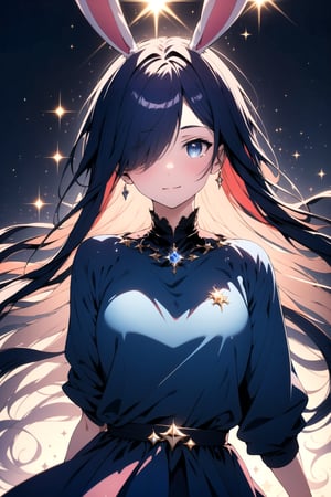 best quality, masterpiece, illustration, 1 girl, alone, dark blue sweatshirt, bunny ear, dark blue hair, sparkling eyes, floating_hair, cute outfit, High detailed , blushing, (two eyes different colors (sparkling one eye blue and eye the other red)), one eye blue, one eyes red, very_high_resolution,High detailed ,Color magic, sparkling daydream, facing_viewer, sparkling water, edgSDress, magical sceptre, dazzling magic effect, perfect eyes