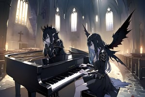 Anime style, a large winged vampire queen, sad, playing the piano, perfect and detailed face, finely complete armor, sitting, background inside a depressing church,