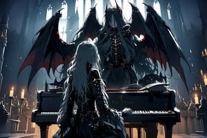 Anime style, a large winged vampire queen, sad, playing the piano, perfect and detailed face, finely complete armor, sitting, background inside a depressing church,