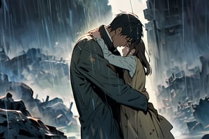 Father and daughter, hug, cold and sad atmosphere, decrepit background, image from afar, crying, rain