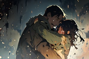 Father and daughter, hug, cold and sad atmosphere, decrepit background, image from afar, crying