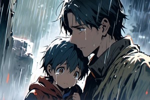 Father and son, only, cold and sad atmosphere, decrepit background, image from afar, crying, winter, rain