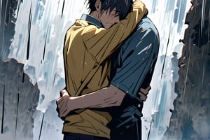 Father and son, hug, cold and sad atmosphere, decrepit background, image from afar, crying, rain