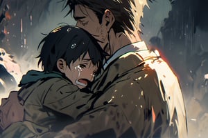 Father and son, hug, cold and sad atmosphere, decrepit background, image from afar, crying
