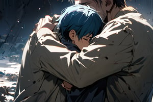 Father and son, hug, cold and sad atmosphere, decrepit background, close-up image,