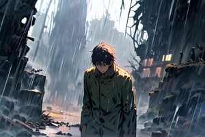 Father and son, only, cold and sad atmosphere, decrepit background, image from afar, crying, winter, rain