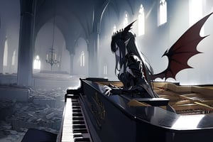 Anime style, a large winged vampire queen, sad, playing the piano, perfect and detailed face, finely complete armor, sitting, background inside a depressing church,